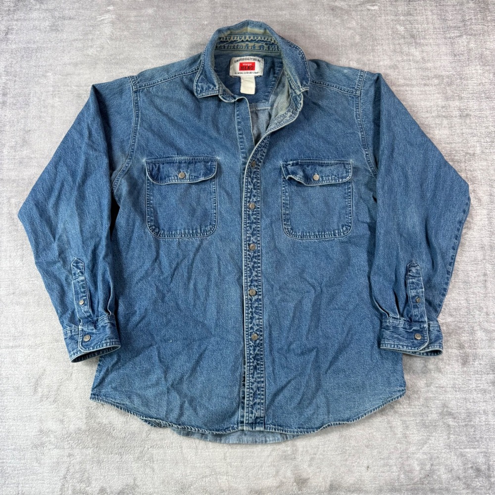 Wrangler Hero Shirt Mens XL Blue Denim Vintage Long Sleeve Workwear Button Down